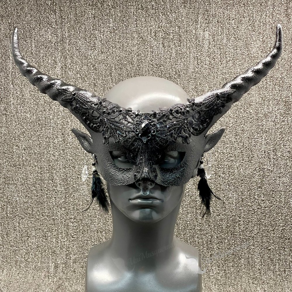 Black Fairy Devil Horn with Earring Sexy Venetian Masquerade Women Party Mask